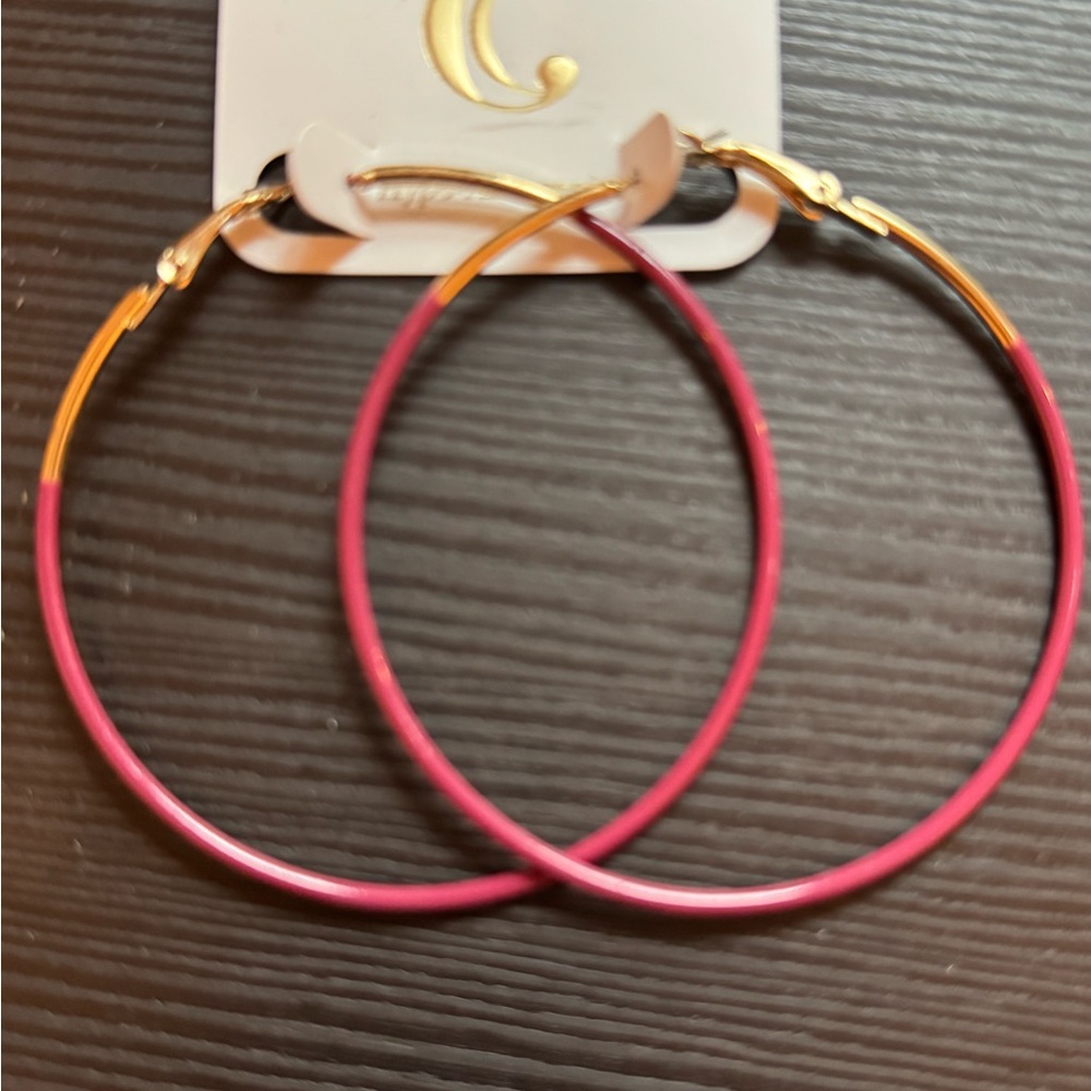 Gold-Tone Hoop Earrings with Pink Enamel Accents